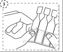 Black and white drawing showing two hands rotating three medicine bottles with a curved arrow indicating the rotational movement