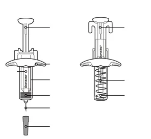 Technical diagram of a prefilled syringe with components labeled by guide lines indicating plunger, barrel, needle, and cap