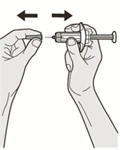 Two hands moving a syringe horizontally with black arrows indicating a back-and-forth motion for drug preparation