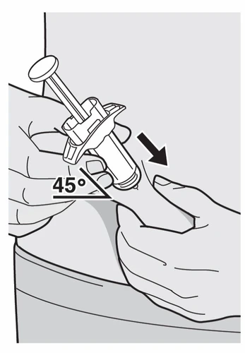 Two hands hold a syringe at a 45-degree angle to the thigh skin with a black arrow indicating the direction of
