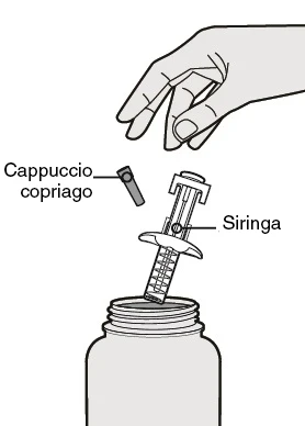 A hand holds a needle cap above a syringe being inserted into the neck of a medical vial for drug withdrawal