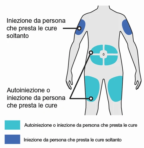 Human body diagram with light blue areas on thighs for self-injection and blue areas on arms for injection by medical personnel