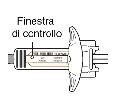 Technical drawing of a medical device with a viewing window showing batch number and expiration date on a white background