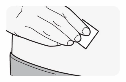 Linear drawing of a hand applying a small rectangular patch onto the skin of the abdominal or lumbar area