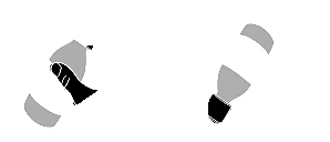 Dibujo estilizado en blanco y negro de dos frascos de medicamento inclinados con tapones grises sobre fondo blanco