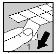 A hand grasps the edge of a white strip to peel it off from a grid-like backing, with a black arrow indicating downward movement