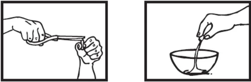 Line drawing showing a hand using tweezers to open a container and a