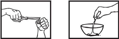 Line drawing showing a hand using scissors to cut a small tube and a