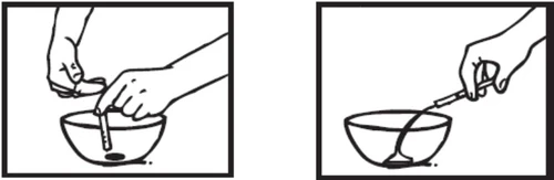 Two-part drawing showing hands placing a bottle into a bowl and then using a syringe to aspirate liquid from the bowl