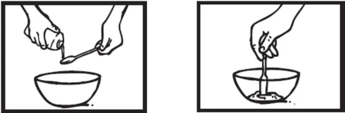 Two drawings show hands pouring liquid from a bottle into a spoon and then mixing the contents in a bowl