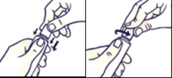Technical drawing showing two phases of rotating and pressing a cap or medical device between the fingers of two hands