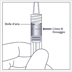 Diagram strzykawki z palcami trzymającymi ją, wskazujący obecność pęcherzyków powietrza