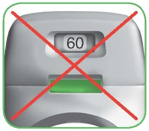 Gray medical device with a digital display reading 60 and an underlying green bar, overlaid with a large red cross above