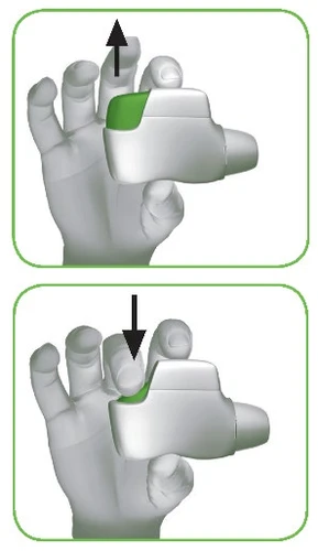 Two illustrations show a hand gripping a white medical device with black arrows indicating movements toward the