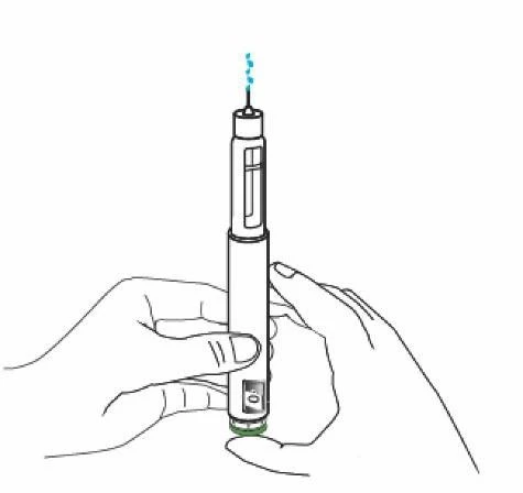 Dos manos sostienen verticalmente un dispositivo médico en forma de pluma con una pequeña estela azul que emerge desde la parte superior