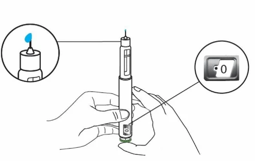 Dibujo técnico de una pluma inyectora sostenida entre dos manos con aumentos que muestran la punta con gota de líquido y la pantalla con el cero