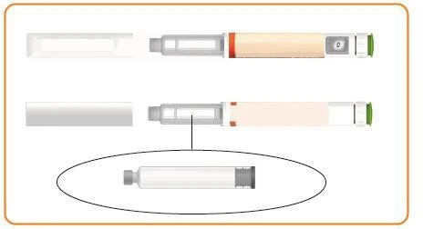 Diagrama técnico que muestra tres configuraciones diferentes de un dispositivo médico en forma de pluma para inyección sobre fondo blanco
