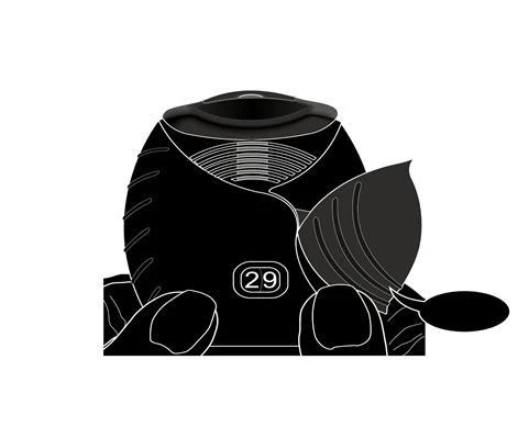 Stylized black-and-white illustration of a medical device with a digital display showing the number 29 and a side button