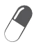 Ilustración estilizada de una cápsula farmacéutica bicolor inclinada con mitad superior en gris oscuro y mitad inferior en blanco con contorno negro