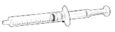 Dibujo técnico en blanco y negro de una jeringa médica con cuerpo graduado, émbolo y aleta para sujeción manual