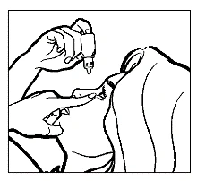 Dibujo en blanco y negro que muestra una mano sosteniendo un frasco pulverizador sobre la nariz de una persona y la
