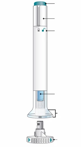 Diagram techniczny białego cylindrycznego urządzenia medycznego z graficznymi oznaczeniami i przezroczystymi elementami pokazującymi mechanizm wewnętrzny
