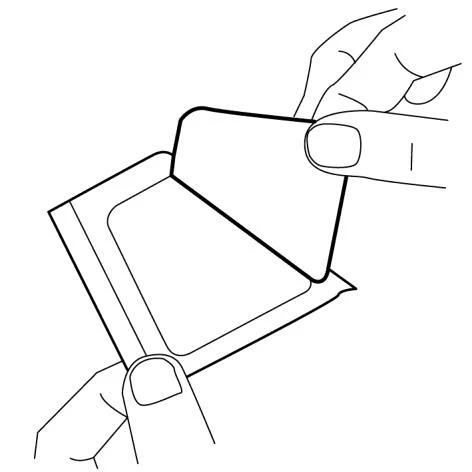 Dibujo lineal de dos manos abriendo cuidadosamente un estuche cuadrado de un medicamento o dispositivo médico