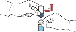 Two hands separating a blue cap from a medication vial with red arrows indicating upward movement