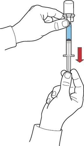 Two hands holding a syringe containing blue liquid, the upper hand holds the barrel and the lower hand pushes the plunger downward