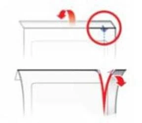 Technical diagram with red arrows indicating the motion for opening and removing a transparent lid from a medical container