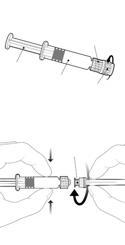 Technical drawing of a syringe with instructions on how to rotate and separate the top part from the main body using directional arrows