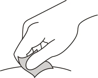 Dibujo lineal de una mano aplicando un apósito o pequeño adhesivo médico sobre la piel de una extremidad