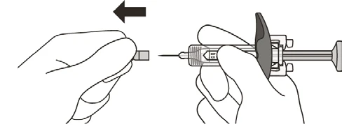 Dibujo técnico que muestra dos manos separando una jeringa de una funda protectora con una flecha negra que indica el movimiento hacia la izquierda