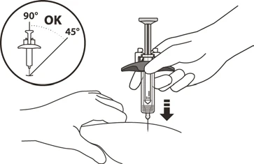 Dibujo técnico que muestra una mano sosteniendo una jeringa para una inyección subcutánea