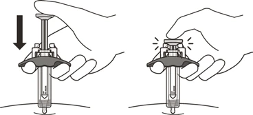 Dos dibujos lineales muestran manos sosteniendo una jeringa para inyectar un medicamento sobre una superficie curva con una flecha hacia abajo