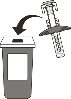 Dibujo esquemático de una pluma inyectora que se introduce en un contenedor para la eliminación de residuos sanitarios mediante una flecha curva