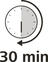 Icono de un reloj con una flecha curva que indica el transcurso de 30 minutos y el texto "30 min" en la parte inferior