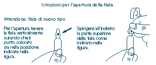 Diagram showing instructions for opening a vial by holding it vertically and pushing down