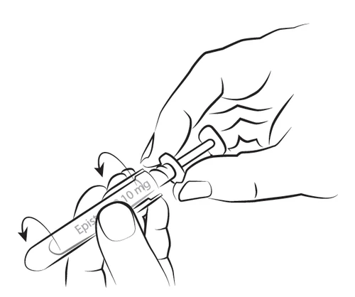 Black line drawing of two hands holding a syringe labeled Epist 10 mg with curved arrows indicating plunger movement