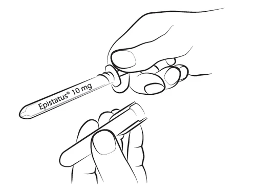 A hand holding a vial of Epistatus 10 mg while the