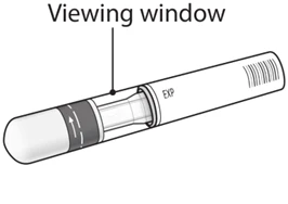 Dibujo técnico de un dispositivo médico cilíndrico con una ventana de visualización transparente central y la inscripción EXP en la parte blanca