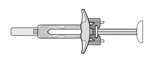 Dibujo técnico en blanco y negro de una jeringa con émbolo, cuerpo cilíndrico y aleta central para sujeción manual durante la