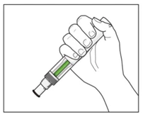 Una mano sujeta con firmeza un dispositivo médico en forma de pluma que contiene un líquido verde en el