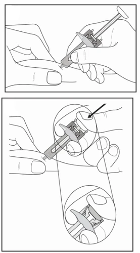 Dibujo técnico que muestra dos manos sujetando una jeringa para aplicar un medicamento en la punta de un dedo con un aumento del detalle