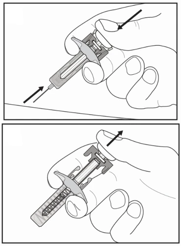 Dibujo técnico en dos fases que muestra una mano sujetando una jeringa para inyectar el líquido y luego empujando el émbolo hacia el