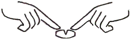 Stylized drawing of two hands with index fingers pointing toward a round tablet placed in the center to indicate it