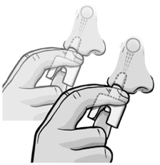 Dwa rysunki w skali przedstawiające rękę trzymającą urządzenie medyczne do aplikacji na czubek nosa