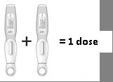 Two medical injection pens placed side by side with a plus sign and an equals sign, and the text '1 dose' on a white background