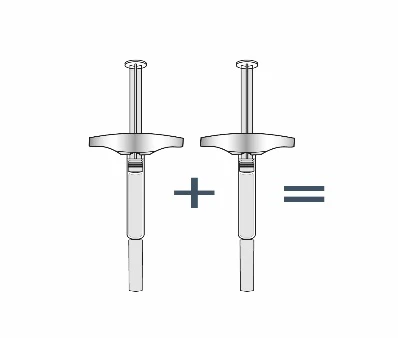 Diagram with two syringes placed side by side with a plus sign and an equals sign, indicating combination or