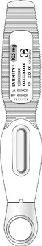 Black and white technical drawing of an Evenity auto-injector with markings for batch and expiration date, and a central oval viewing window